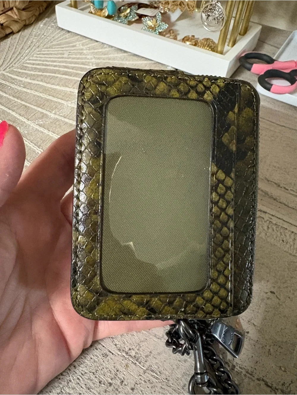 Coach olive green snake print zip card case